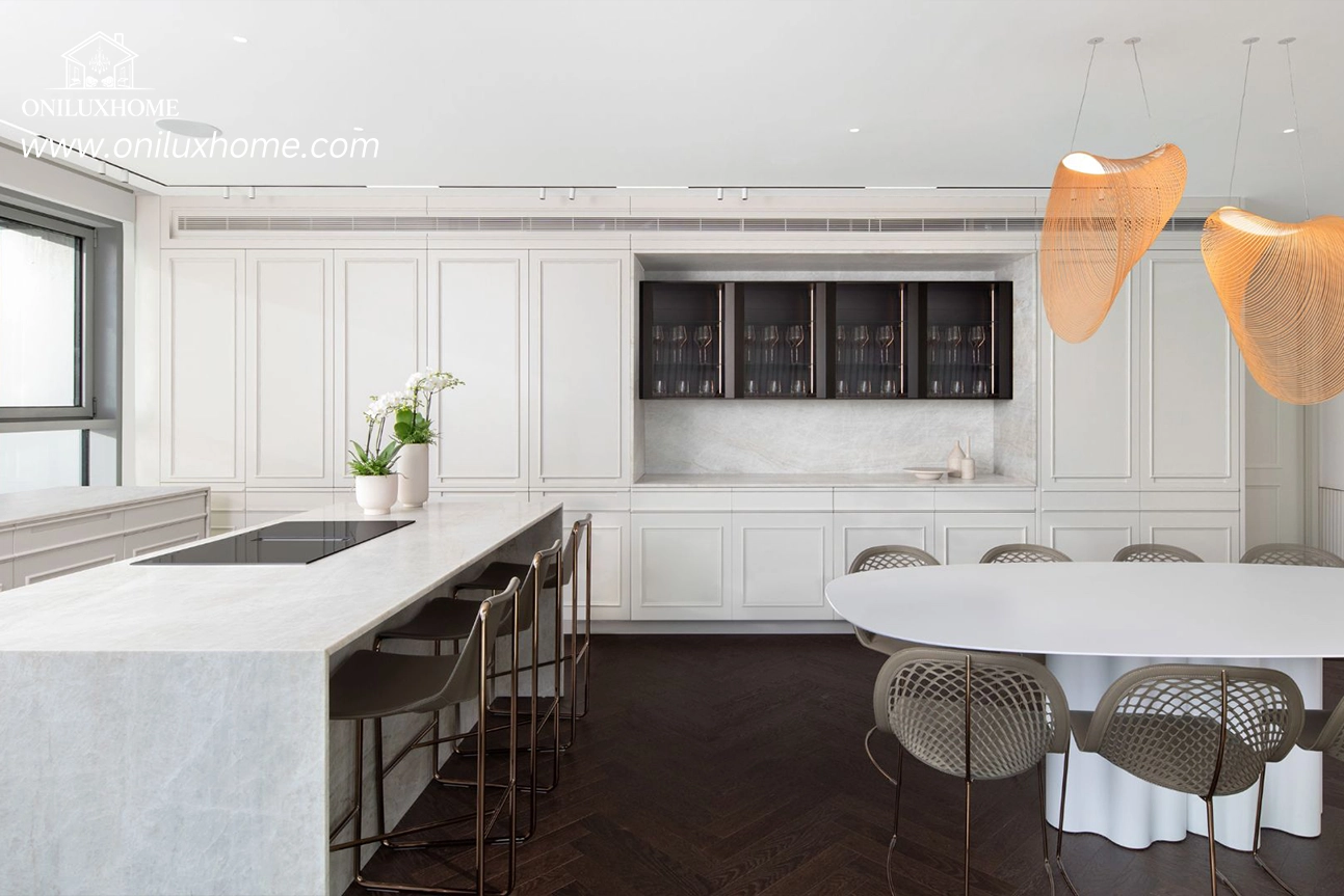 Custom Wood Kitchen Cabinets with Modern White Island kitchen counter
